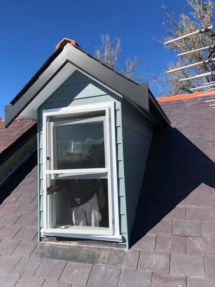 Painted dormer window, Steel blue weatherboard, by Luxe Effects