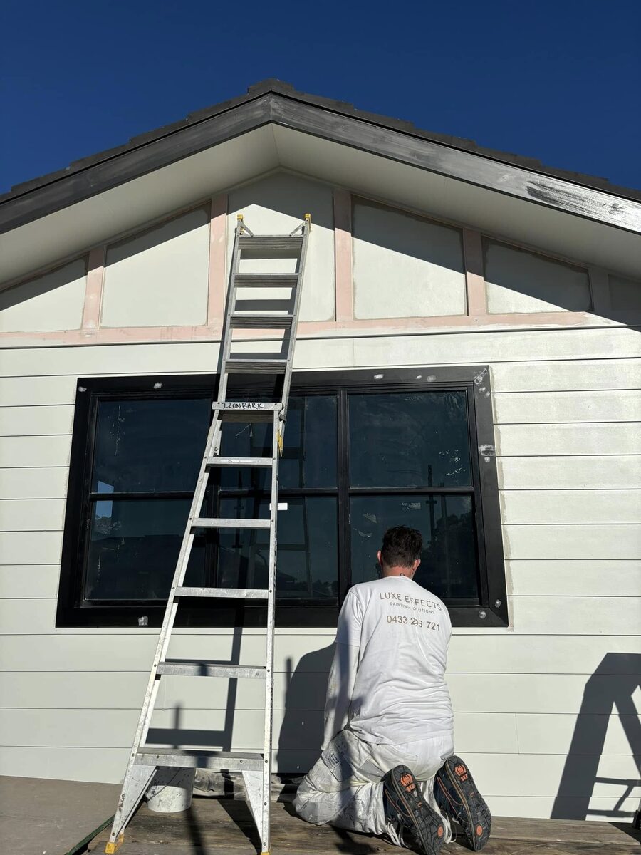 A Luxe Effects painter on a ladder, cutting in clean lines on a Sydney exterior